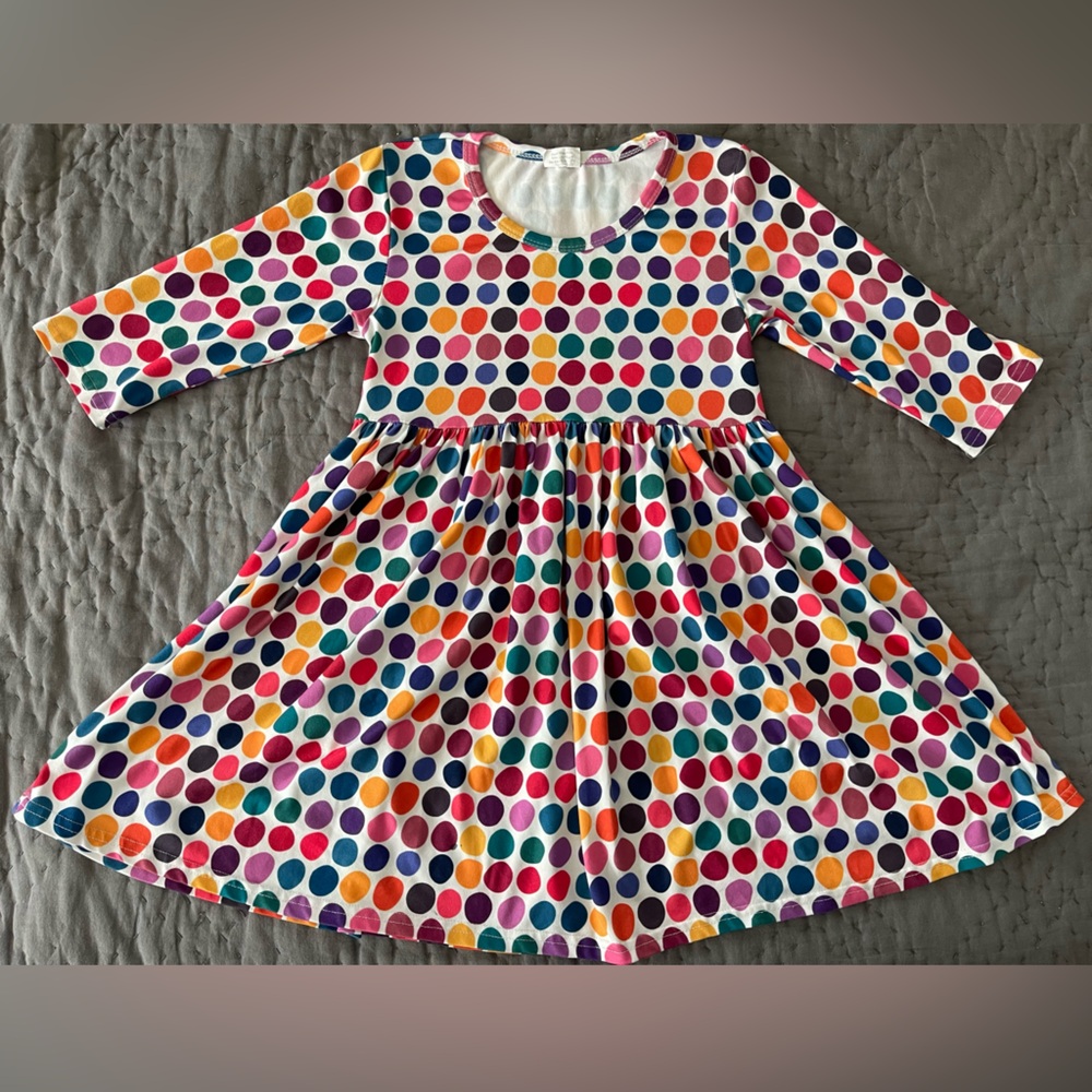 Boutique Rainbow Polka Dot Twirl Dress Size 5/6 Years 3/4 Sleeves Cotton Blend